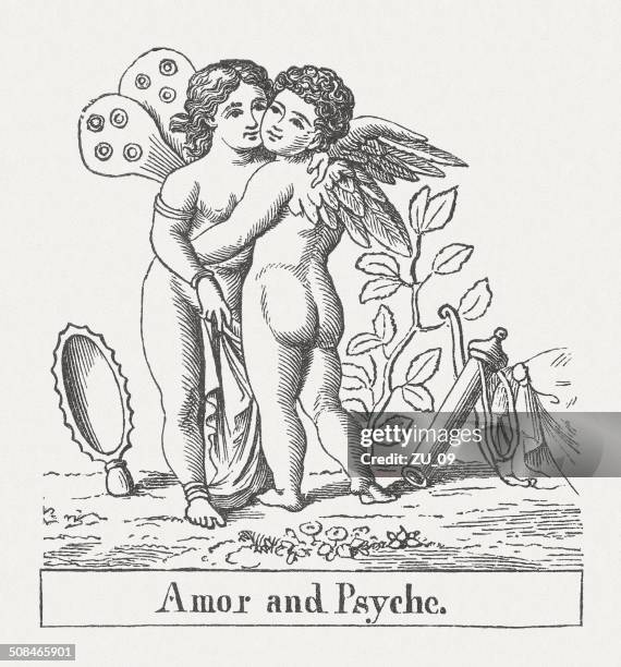 amor and psyche, roman mythology, wood engraving, published in 1878 - psyche stock illustrations