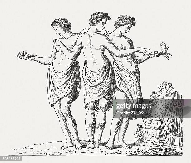 stockillustraties, clipart, cartoons en iconen met three graces, greek goddesses of beauty, wood engraving, published 1878 - de drie gratiën