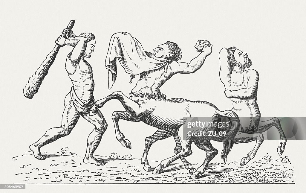 Hercules fighting the Centaurs, Greek mythology, wood engraving, published 1878