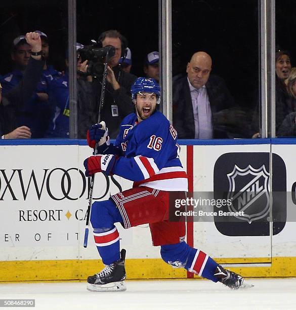 Derick Brassard of the New York Rangers celebrates his game winning goal at 5:46 of the third period against the Minnesota Wild at Madison Square...