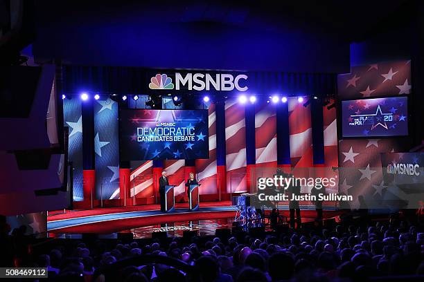Democratic presidential candidates former Secretary of State Hillary Clinton and U.S. Sen. Bernie Sanders are asked questions by moderators Rachel...