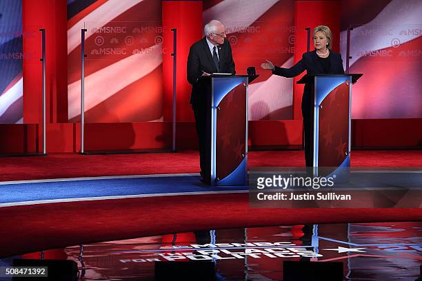 Democratic presidential candidates former Secretary of State Hillary Clinton and U.S. Sen. Bernie Sanders during their MSNBC Democratic Candidates...