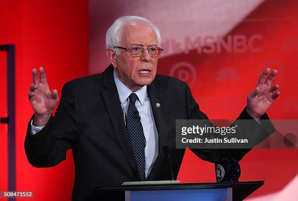 Sen. Bernie Sanders speaks as he debates with Democratic presidential candidates former Secretary of State Hillary Clinton during their MSNBC...