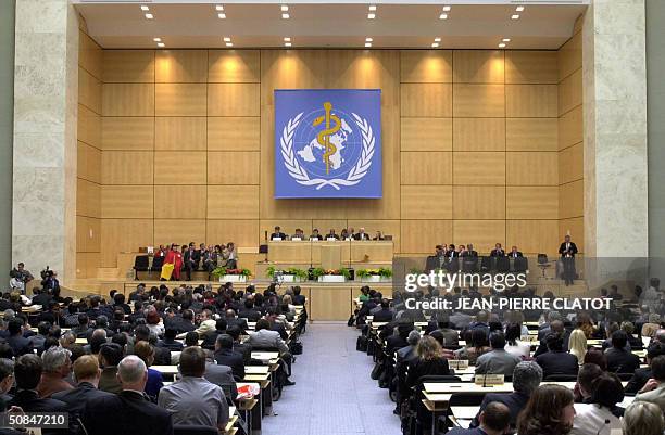 This photo taken 17 May 2004 shows the assembly of the World Health Organization in Geneva, during the opening of the 57-th annual meeting. AFP PHOTO...