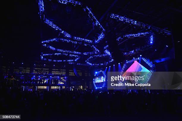 Signage for Showtime is displayed on the stage's backdrop at the DirecTV and Pepsi Super Thursday Night featuring Dave Matthews Band at Pier 70 on...