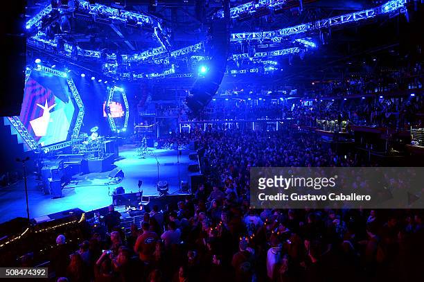 View of the stage during the DirecTV and Pepsi Super Thursday Night featuring Dave Matthews Band at Pier 70 on February 4, 2016 in San Francisco,...
