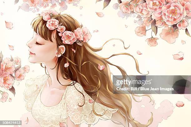 ilustraciones, imágenes clip art, dibujos animados e iconos de stock de beautiful girl enjoying spring - happy smiling young woman side view