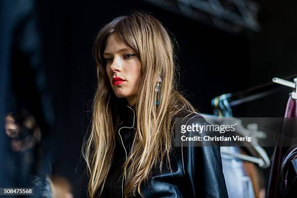 Model Caroline Brasch Nielsen is seen backstage ahead of the By Malene Birger show during the Copenhagen Fashion Week Autumn/Winter 2016 on February...