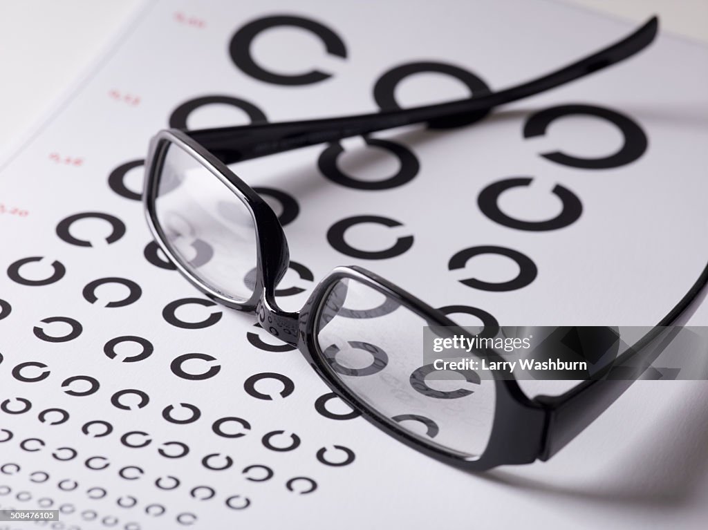 Close-up of glasses on eye exam chart