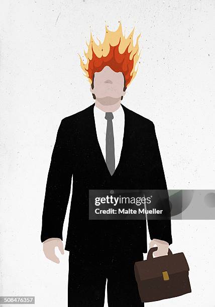 businessman's head on fire against white background - displeased stock illustrations