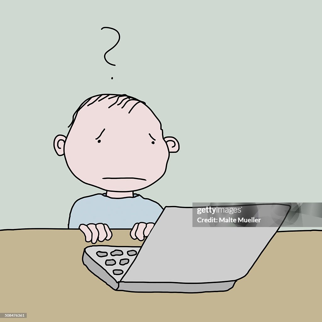 Computer Confuse Catoon Illustrative Image Of Confused Boy Using Laptop At Table High-Res ...
