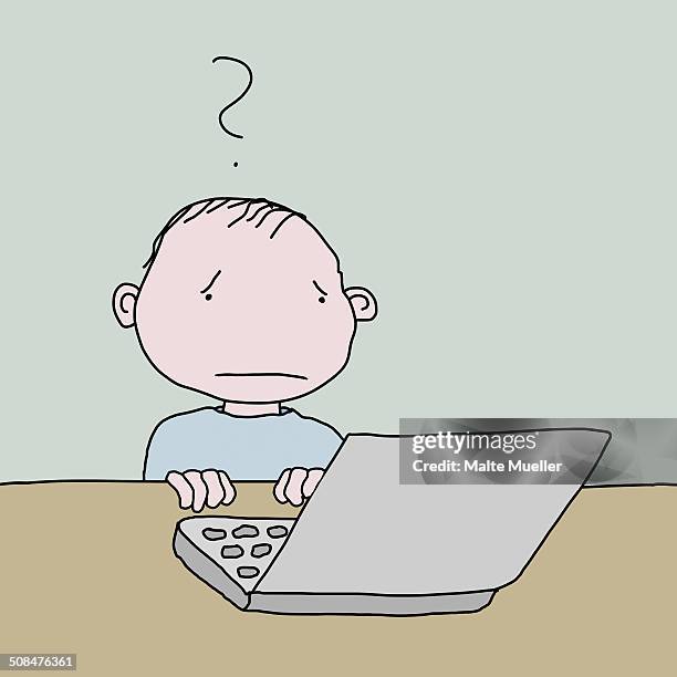 illustrative image of confused boy using laptop at table - confusion stock illustrations