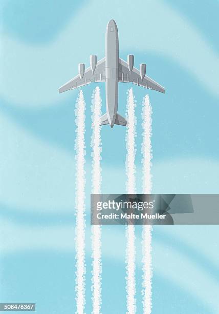 stockillustraties, clipart, cartoons en iconen met low angle view of airplane with vapor trail against sky - low flying aircraft