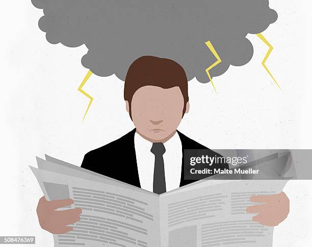 businessman reading newspaper with storm cloud representing financial crisis - overcast stock illustrations