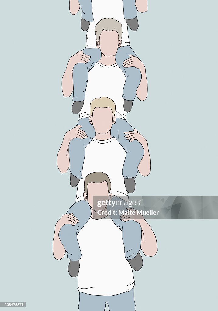 Illustrative image of several men carrying each other atop their shoulders