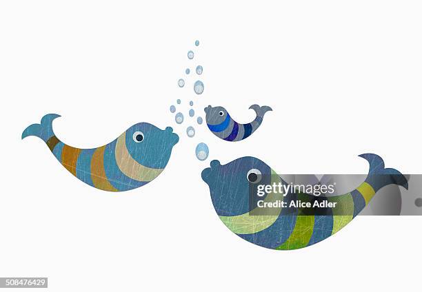 fish with water bubbles against white background - digital composite stock illustrations