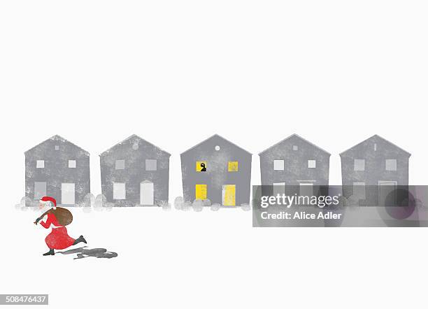 a person watches from a window as santa claus runs by - haunted house background stock illustrations