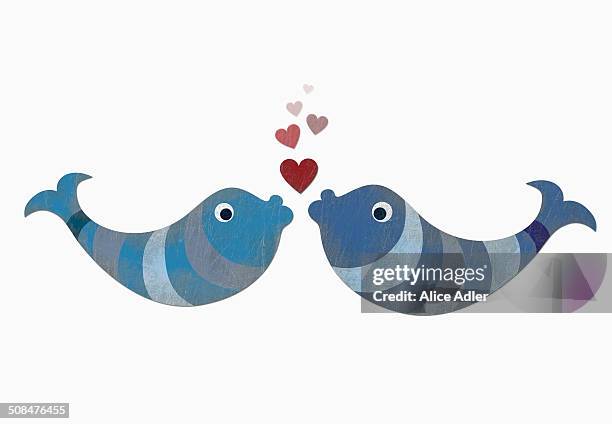 two fish with heart shape bubbles against white background - alice by heart stock illustrations