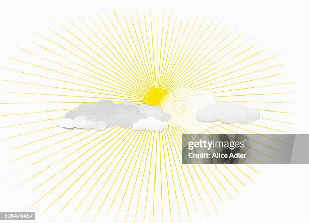 bright sun hiding behind clouds against white background - cloud white background stock illustrations