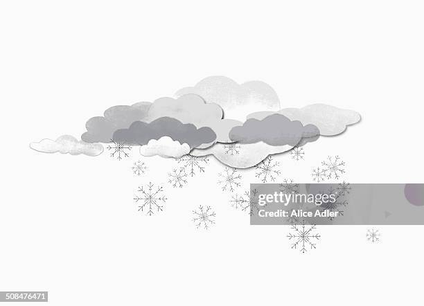 some clouds and snow flakes against white background - temperature stock illustrations