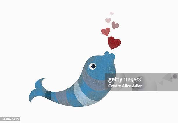 a fish with heart shape bubbles over white background - pursed lips stock illustrations