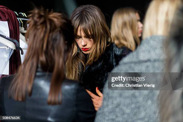 Model Caroline Brasch Nielsen is seen backstage ahead of the By Malene Birger show during the Copenhagen Fashion Week Autumn/Winter 2016 on February...