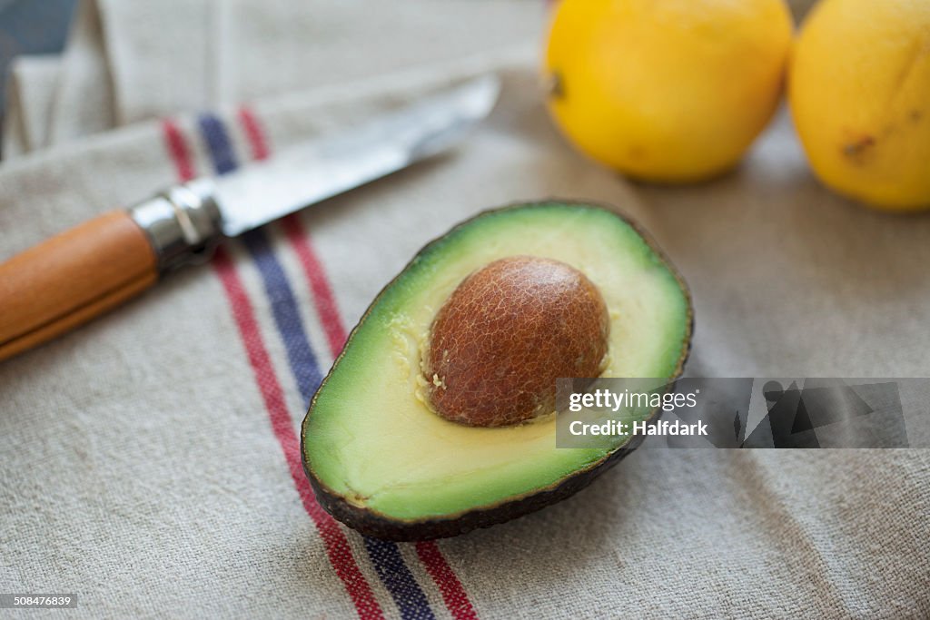 Close-up of avocado on napkin