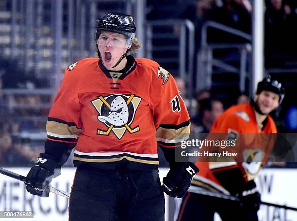 Hampus Lindholm of the Anaheim Ducks reacts to his power-play goal with Kevin Bieksa to take a 4-1 lead over the Los Angeles Kings during the second...