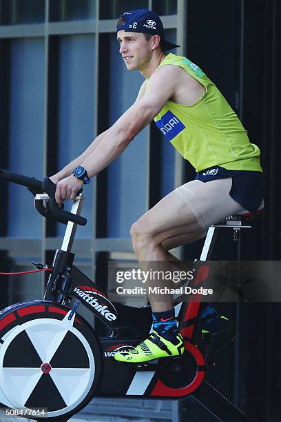 Marc Murphy of the Blues, recovering from a shoulder injury, is seen riding a bike during a Carlton Blues AFL training session at Visy Park on...