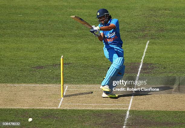 Smriti Mandhana of India bats during game two of the women's one day international series between Australia and India at Blundstone Arena on February...