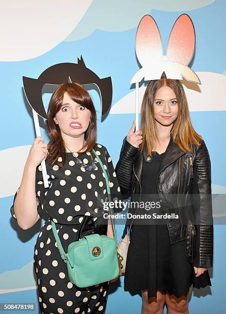 Actresses Natalie Palamides and Amanda Leighton attend The Powerpuff Girls x Moschino Launch Event at Moschino Store on February 4, 2016 in West...