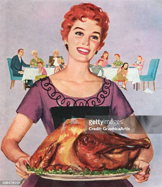 Vintage illustration of an American wife presenting the perfect Thanksgiving turkey to her waiting family, 1954. Screen print.