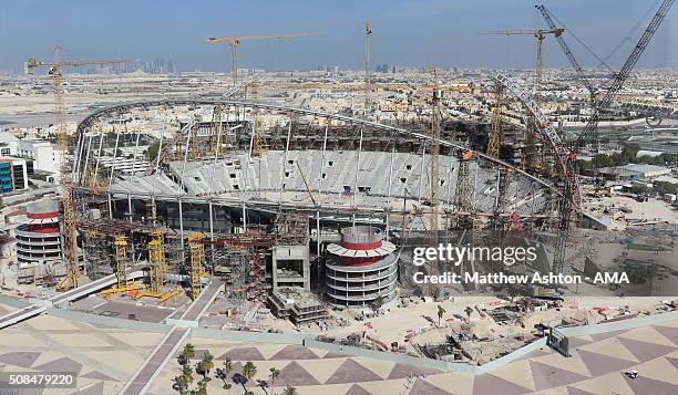 General view of cranes and building works during the construction and refurbishment of the Khalifa International Stadium also known as National...