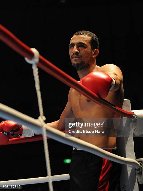 Badr Hari is seen on a corner after receiving an yellow card in the final against Remy Bonjasky during the K-1 World GP 2008 Final at the Yokohama...