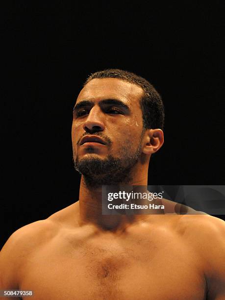 Badr Hari is seen on a corner after receiving an yellow card in the final against Remy Bonjasky during the K-1 World GP 2008 Final at the Yokohama...