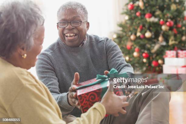 older couple opening christmas presents together - old man woman christmas stock pictures, royalty-free photos & images