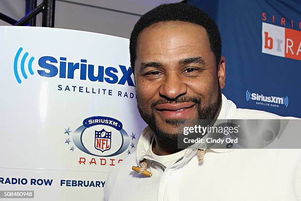 Former NFL player Jerome Bettis visits the SiriusXM set at Super Bowl 50 Radio Row at the Moscone Center on February 4, 2016 in San Francisco,...