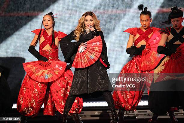 World famous singer Madonna sings on stage as she holds concert at Taipei Arena on February 4, 2016 in Taipei, Taiwan of China.