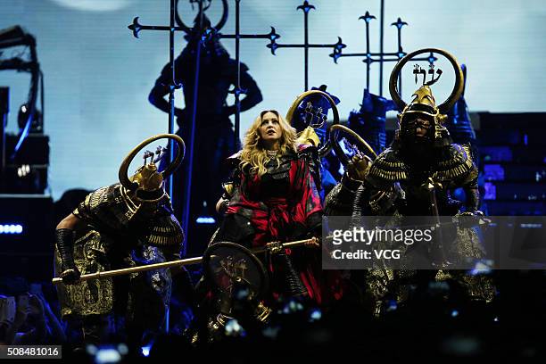 World famous singer Madonna sings on stage as she holds concert at Taipei Arena on February 4, 2016 in Taipei, Taiwan of China.
