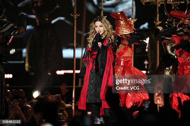 World famous singer Madonna sings on stage as she holds concert at Taipei Arena on February 4, 2016 in Taipei, Taiwan of China.