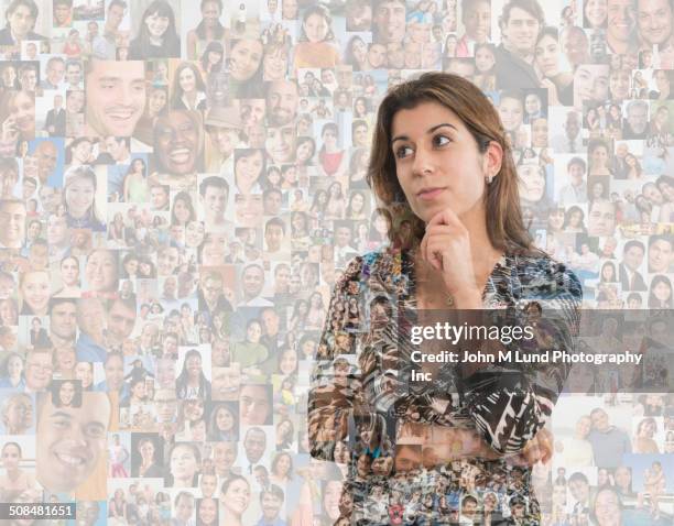 woman thinking over montage of smiling faces - people montage stock pictures, royalty-free photos & images