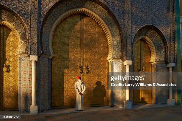 caucasian man standing by ornate temple - fez marruecos fotografías e imágenes de stock