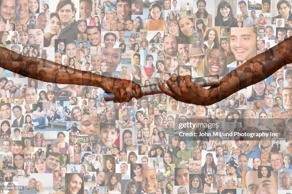 Hands passing baton over collage of smiling face