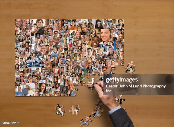 businessman assembling puzzle of collage of smiling face - jonge senioren in groep stockfoto's en -beelden