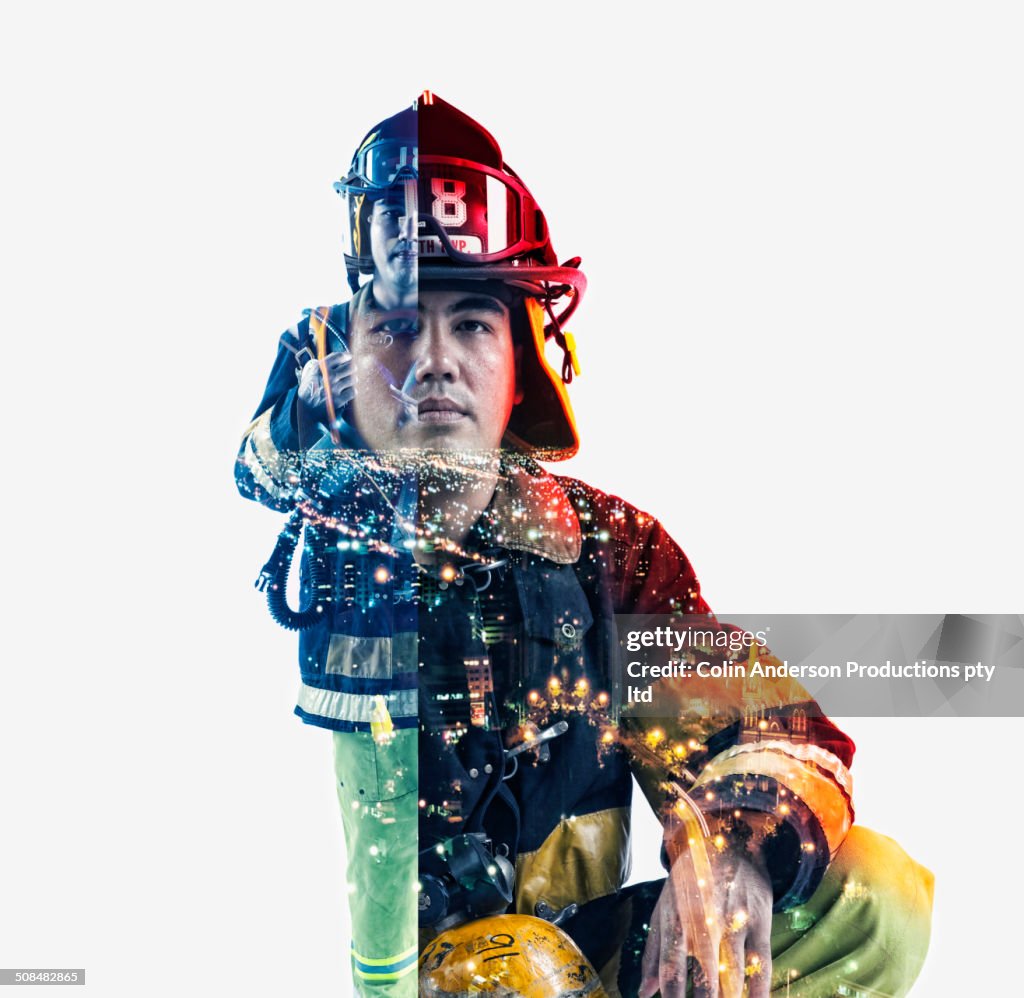 Double exposure of cityscape and fire fighter