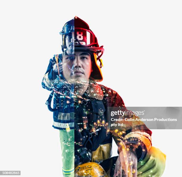 double exposure of cityscape and fire fighter - apparecchio per la respirazione foto e immagini stock