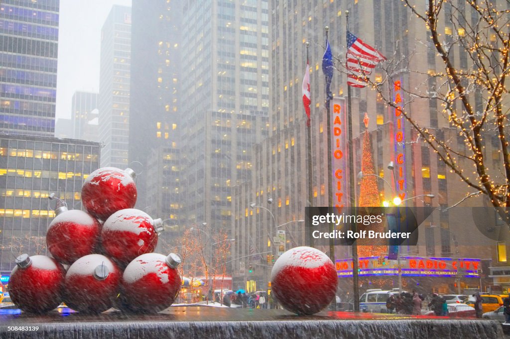 Christmas decorations outside Radio City Music Hall, New York City, New York, United States