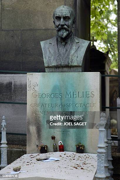 Photo taken 14 May 2004 of French Georges Melies' gravestone with the silence sculpture at Pere Lachaise Cemetery in Paris. Pere Lachaise is the...