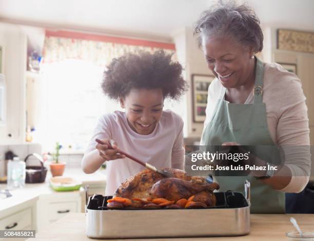 older woman and granddaughter cooking together in kitchen - bañar en su jugo durante la cocción fotografías e imágenes de stock