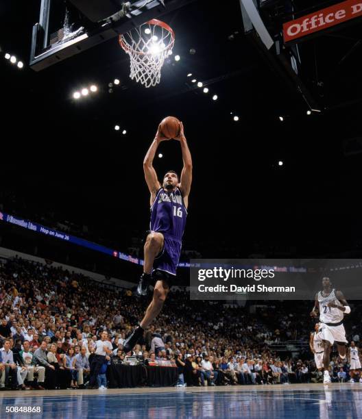 Predrag Stojakovic of the Sacramento Kings drives to the basket in Game Two of the Western Conference Semifinals against the Minnesota Timberwolves...